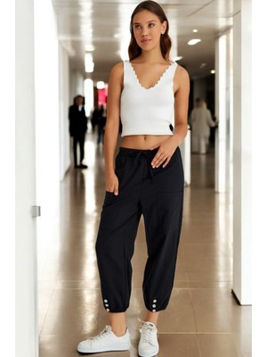 Yazlık Düğme Detaylı Kadın Keten Pantolon