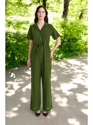 Yazlık Kısa Kollu Tasarım Keten Tulum