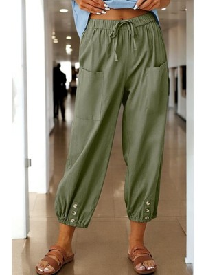 Beli Lastikli Düğme Detaylı Yazlık Keten Pantolon