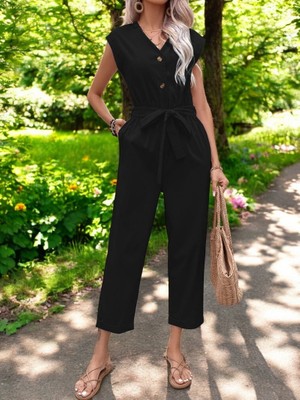 Yazlık Tek Sıra Düğmeli V Yaka Keten Tulum