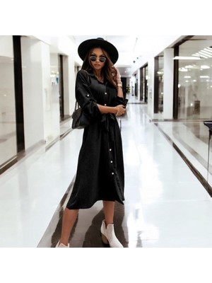 Düğmeli Kemerli Gömlek Yaka Keten Elbise