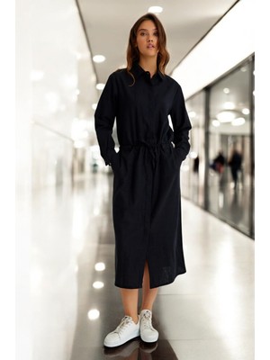 Günlük Beli Bağcıklı Rahat Keten Elbise