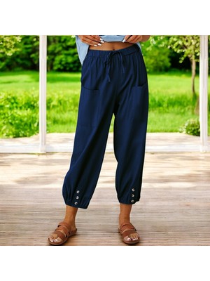 Günlük Düğme Detaylı Keten Pantolon