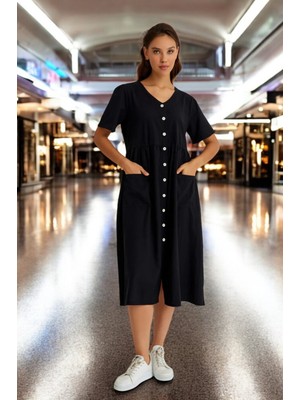 V Yaka Beli Büzgülü Keten Elbise