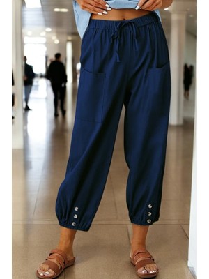 Günlük Düğme Detaylı Şık Keten Pantolon