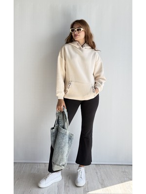 Kadın Kapüşonlu Kanguru Cepli Nakış Baskı Detaylı Uzun Kol Oversize Sweatshirt