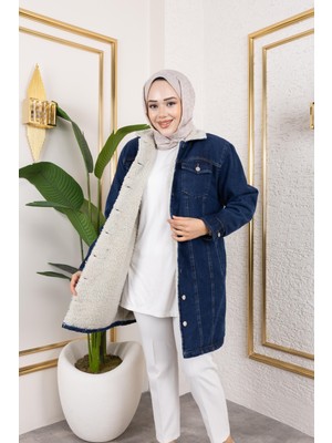 Kadın Cepli Düğmeli Içi Kürklü Uzun Lacivert Kot Ceket