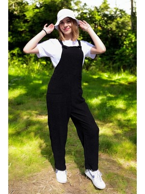 Yazlık Askılı Büyük Cepli Keten Tulum