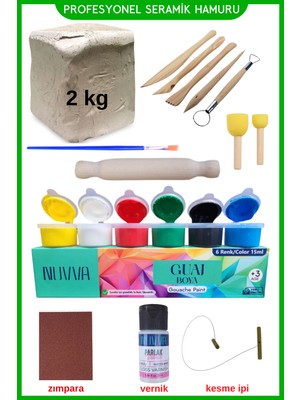Seramik Hamuru Başlangıç Seti - Guaj Boya, Ebeşuar, Merdane,fırça, 2000GR Beyaz Doğal Kil