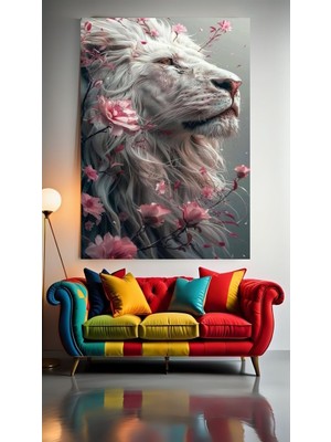 Çiçekli Aslan 1 Ev Duvar Salon Güzellik Salonu Ofis Dükkan Dekarasyon Kanvas Tablo