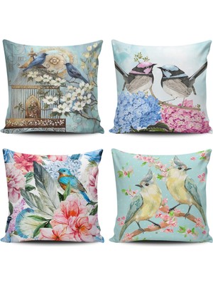 Kırlent Dünyası  Sevimli Kuşlar 4 Lü Kombin Kırlent Kılıfı