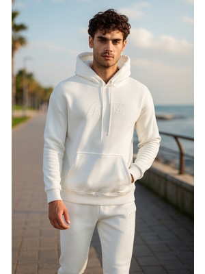 Pobudo Oversize Ekru Renk Kapüşonlu Eşofman Takımı
