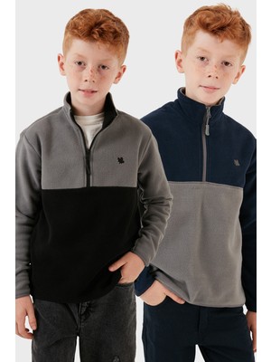 Lela Yumuşak Dokulu Yarım Fermuarlı Renk Bloklu Dik Yaka 2'li Paket Polar Çocuk Polar 5905004S2