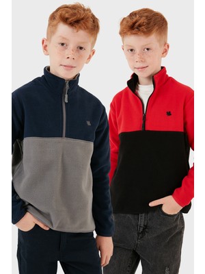 Lela Yumuşak Dokulu Yarım Fermuarlı Renk Bloklu Dik Yaka 2'li Paket Polar Çocuk Polar 5905004S2