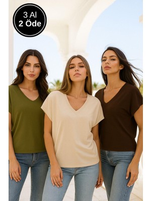 Kadın 3'lü Paket Kahverengi-Haki-Bej Viskon Ön Arka V Yakalı T-Shirt Yarasa Kol Relaxed Bluz