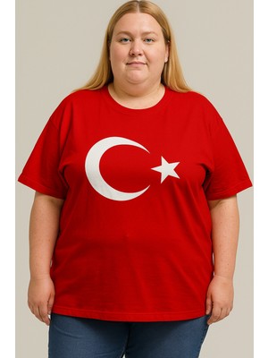Sibel Günay Butik Türk Bayraklı Ay Yıldızlı Kırmızı T-Shirt |  Pamuk | Büyük Beden