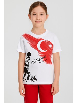 Sibel Günay Butik Atatürk Kocatepe ve Türk Bayrak Baskılı Çocuk T-Shirt |  Pamuk | Unisex |beyaz