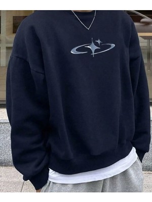 Unisex Lacivert Bisiket Yaka Oversize Sweat