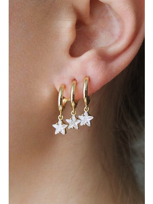 Nenya Vip Çelik Üçlü Görünümlü Yıldız Detaylı Halka Küpe