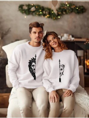 Sevgililer Günü Couple Çift Dişi ve Erkek Aslan Baskılı Sevgili Kombini Tasarım Sweatshirt