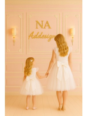 Anne Kız Kombin Tül Elbise - Beyaz & Bebe Pembe - Double Krep Üst, Kat Kat Tül Etek, Full Astar