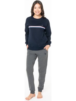 Kadın Bisiklet Yaka Uzun Kollu Pijama Takımı S26121 Bantlı Paça Rahat Kumaş