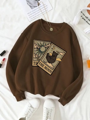 Trend Tarot Card Baskılı Rahat Kalıp Oversize Sweatshirt