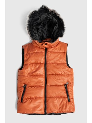 Içi Elyaf Dolgulu Kürk Kapşonlu Erkek Yelek