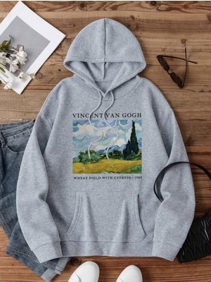 Unisex Vincent Van Gogh Baskılı Oversize Kapüşonlu Sweatshirt