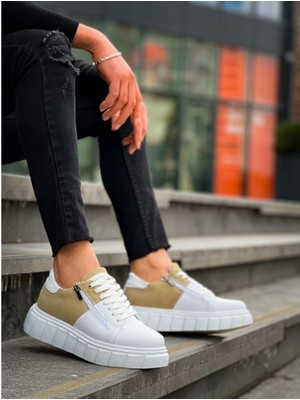 ZR-X155 Premium Beyaz Bej Süet Fermuarlı Yüksek Taban Günlük Spor Ayakkabı