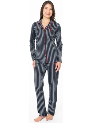 Kadın Uzun Kollu Çizgili Gömlek Pijama Takımı S26138 Rahat Nefes Alabilen Kumaş