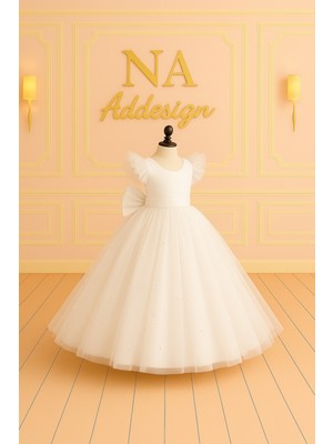 Kız Çocuk Uzun Tüllü Kabarık Abiye, Kız Çocuk Parti Elbisesi, Beyaz, Kırmızı Renk Seçeneği