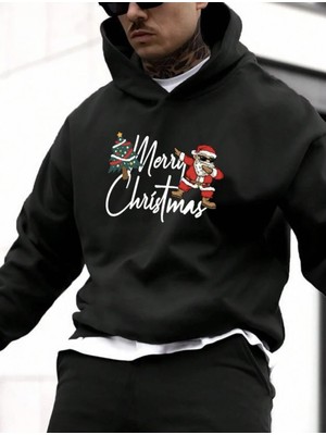 Unisex Yılbaşı Temalı Merry Christmas Baskılı Kapüşonlu Oversize Sweatshirt