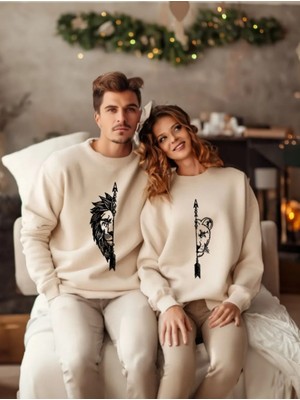 Sevgililer Günü Couple Çift Dişi ve Erkek Aslan Baskılı Sevgili Kombini Tasarım Sweatshirt