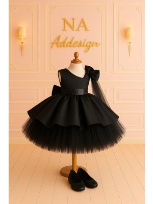 Tek Omuz Büyük Fiyonk Kız Çocuk Elbise – Siyah & Beyaz