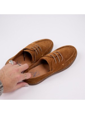 Taba Süet Hakiki Deri Kadın Günlük Rahat Bağcıklı Ayakkabı