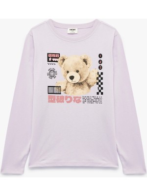 Uzun Kollu Bisiklet Yaka Ayıcık Baskılı Pamuklu Tişört