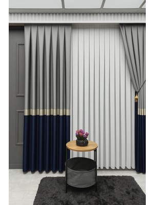 Pano Fon Perde, Elegans Seri Azra Desen Lacivert Gold Gri 1 / 3 Pileli ( Tek Kanat )