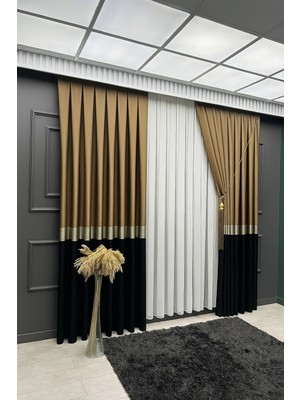 Pano Fon Perde, Elegans Seri Azra Desen Siyah Gold Kahverengi 1 / 3 Pileli ( Tek Kanat )