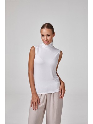 Kadın Kolsuz Boğazlı Modal  Basic Bluz -Beyaz C2T0N6O2