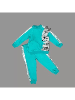 1-2-3 Yaş Payetli Pelüş Tavşan Desenli Likra Penye Kumaş Sweat Pantolonlu Kız 2li Çocuk Takımı