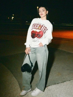 Trend Cherries Baskılı Rahat Kalıp Oversize Kadın Kapüşonlu Sweatshirt