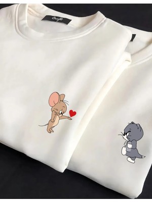 Sevgililer Günü Couple Çift Tom ve Jerry Baskılı Beyaz Sweatshirt Sevgili Kombini