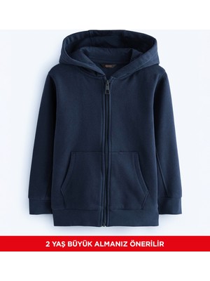 Erkek Çocuk Basic Düz Kapüşonlu Fermuarlı Sweatshirt - 2544