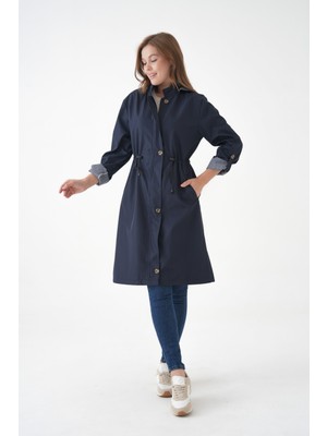 Lacivert Rüzgar ve Su Geçirmez Çıkarılabilir Kapüşonlu Beli Tünelli Bondit Kumaş Trençkot