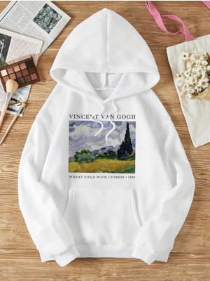 Unisex Vincent Van Gogh Baskılı Oversize Kapüşonlu Sweatshirt