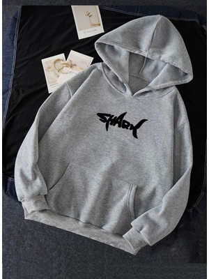 Unisex Shark Baskılı Oversize Kapüşonlu Sweatshirt