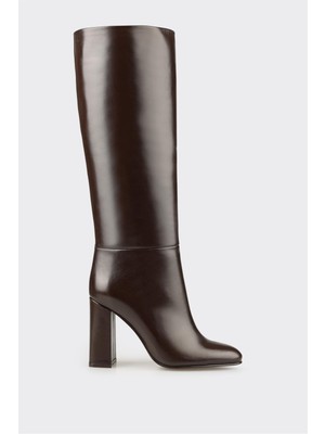 Kahve Deri Kadın Topuklu Çizme