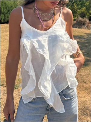 Yeni Sezon Ayarlanabilir Askılı Fırfırlı Viskon Kumaş Bluz