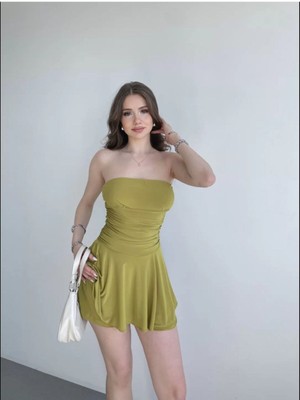 Straplez Şortlu Elbise Likralı Sandy Kumaş Elbise